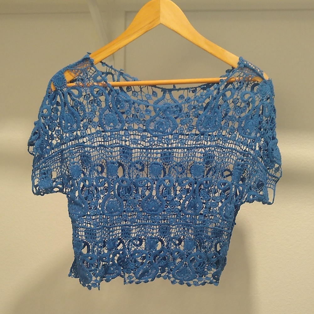 Blue Crop Style Crochet Women's Top